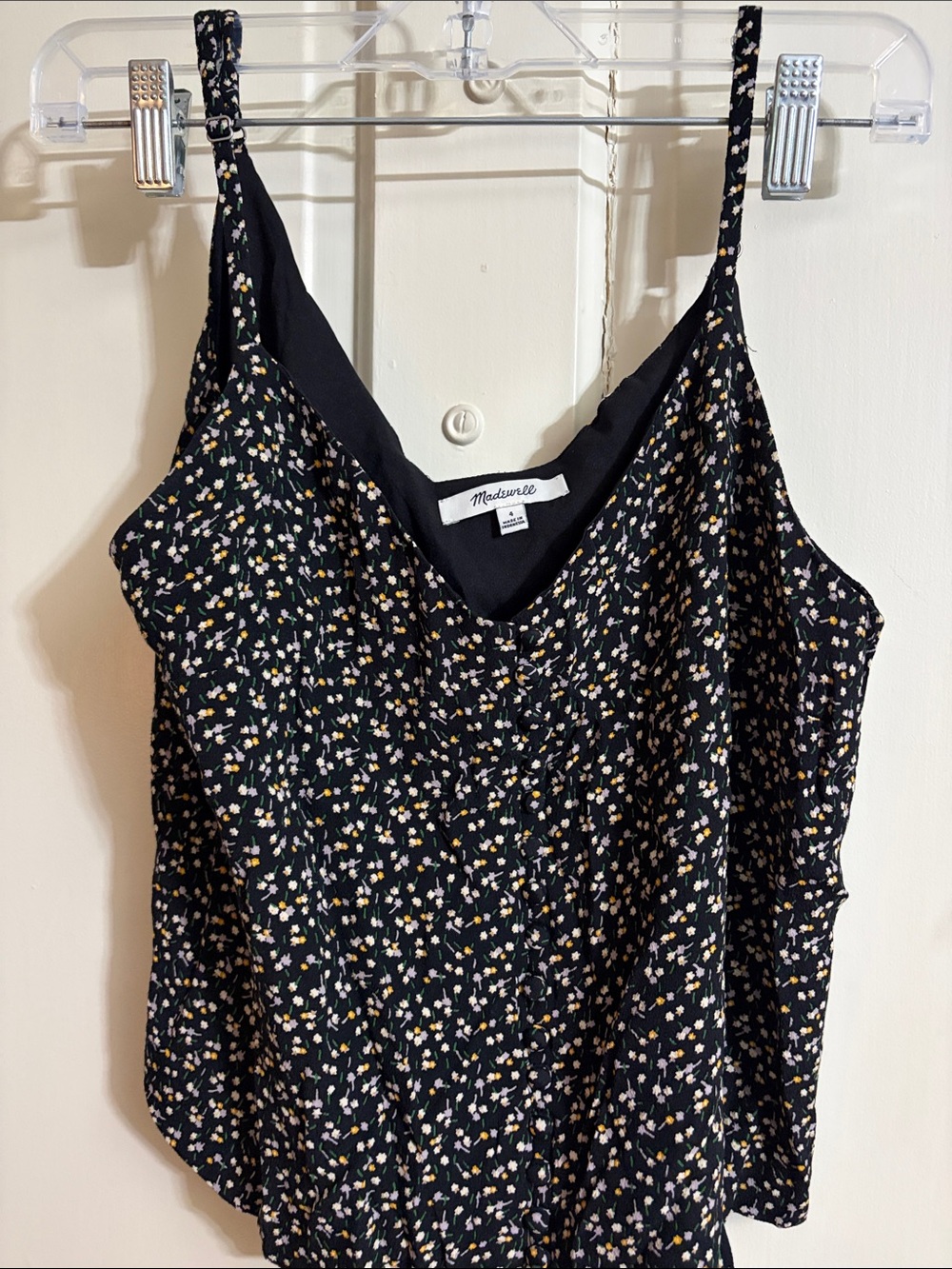 Madewell Black Floral Spaghetti-Strap Cami with White & Yellow button down front
